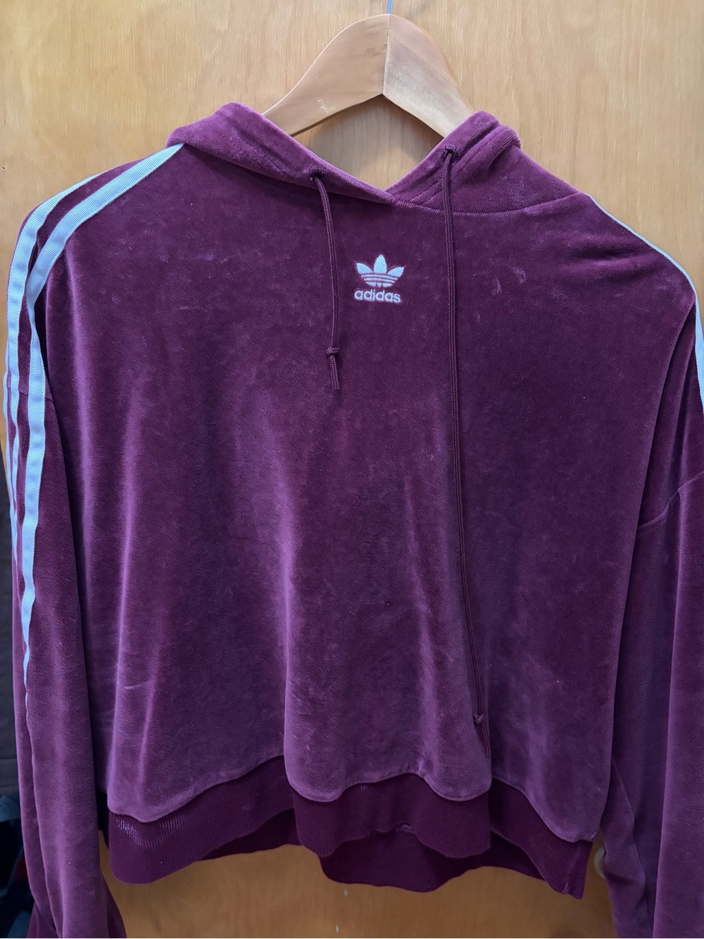 adidas Women's Burgundy Velour Hoodie with Light Blue Stripes